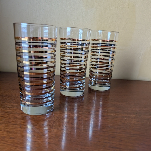 Source Unknown Other - MCM Set Of 3 Silver And Gold Striped Highball Glasses